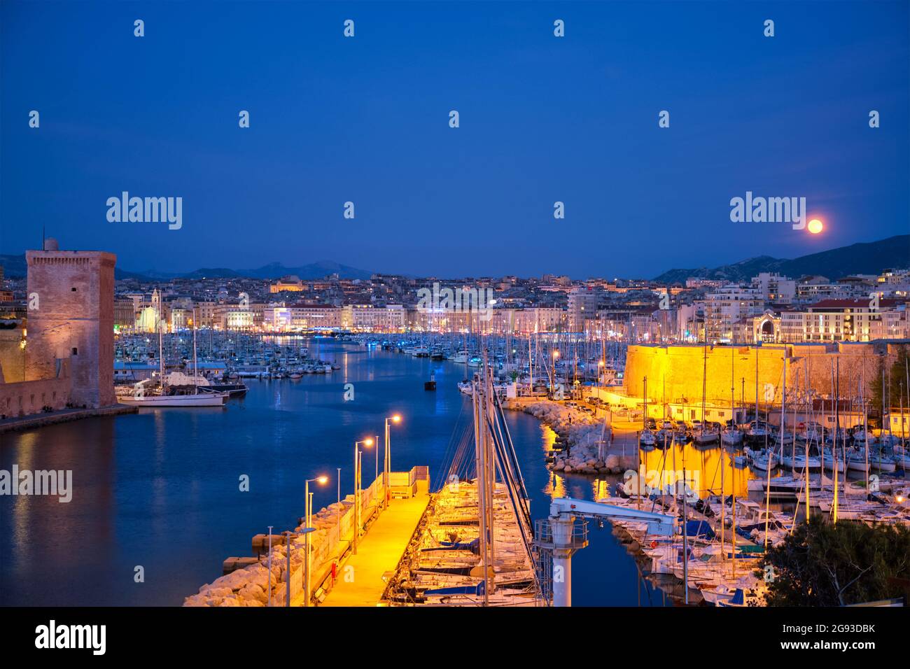 Marseille Old Port and Fort Saint-Jean in night. Marseille, France ...