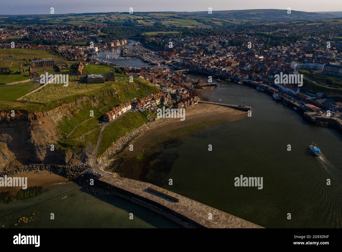 Whitby Abbey and Harbour Aerial Drone North Yorkshire Coast Line Historic Town Landscape Seaside Fish and Chips Rock Fossils  Whitby Jet  Seagulls Ice Stock Photo