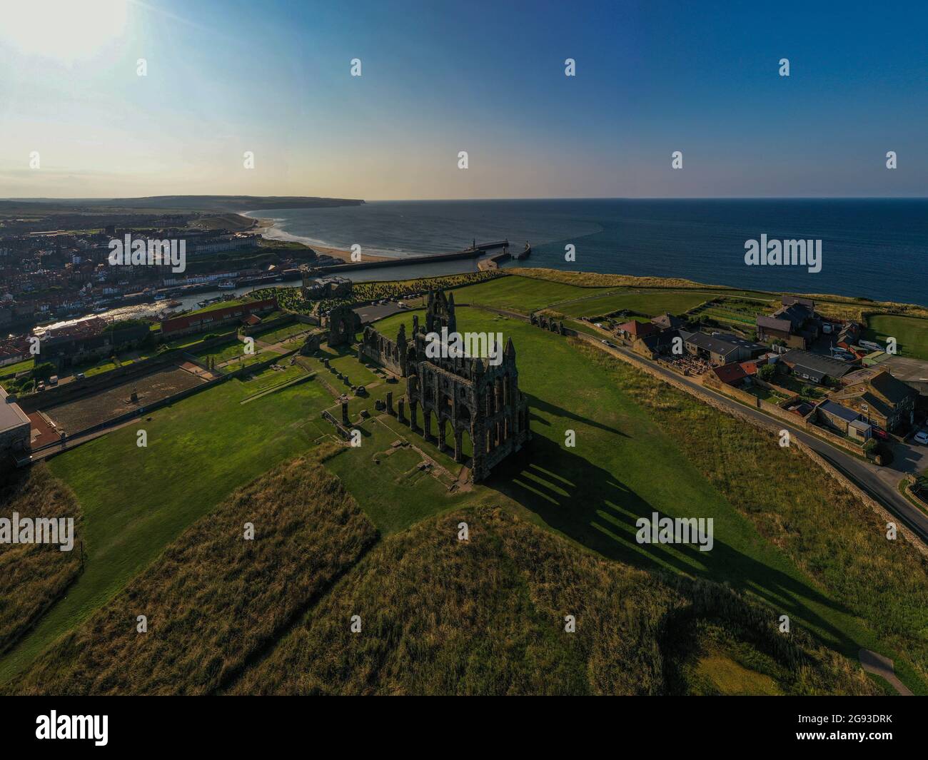 Whitby Abbey and Harbour Aerial Drone North Yorkshire Coast Line Historic Town Landscape Seaside Fish and Chips Rock Fossils  Whitby Jet  Seagulls Ice Stock Photo