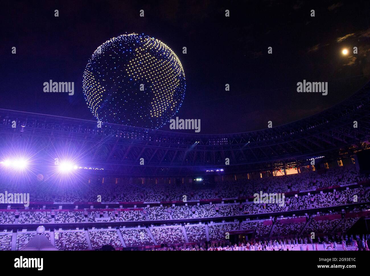 Overview of the stadium, choreography, a globe made of drones can be