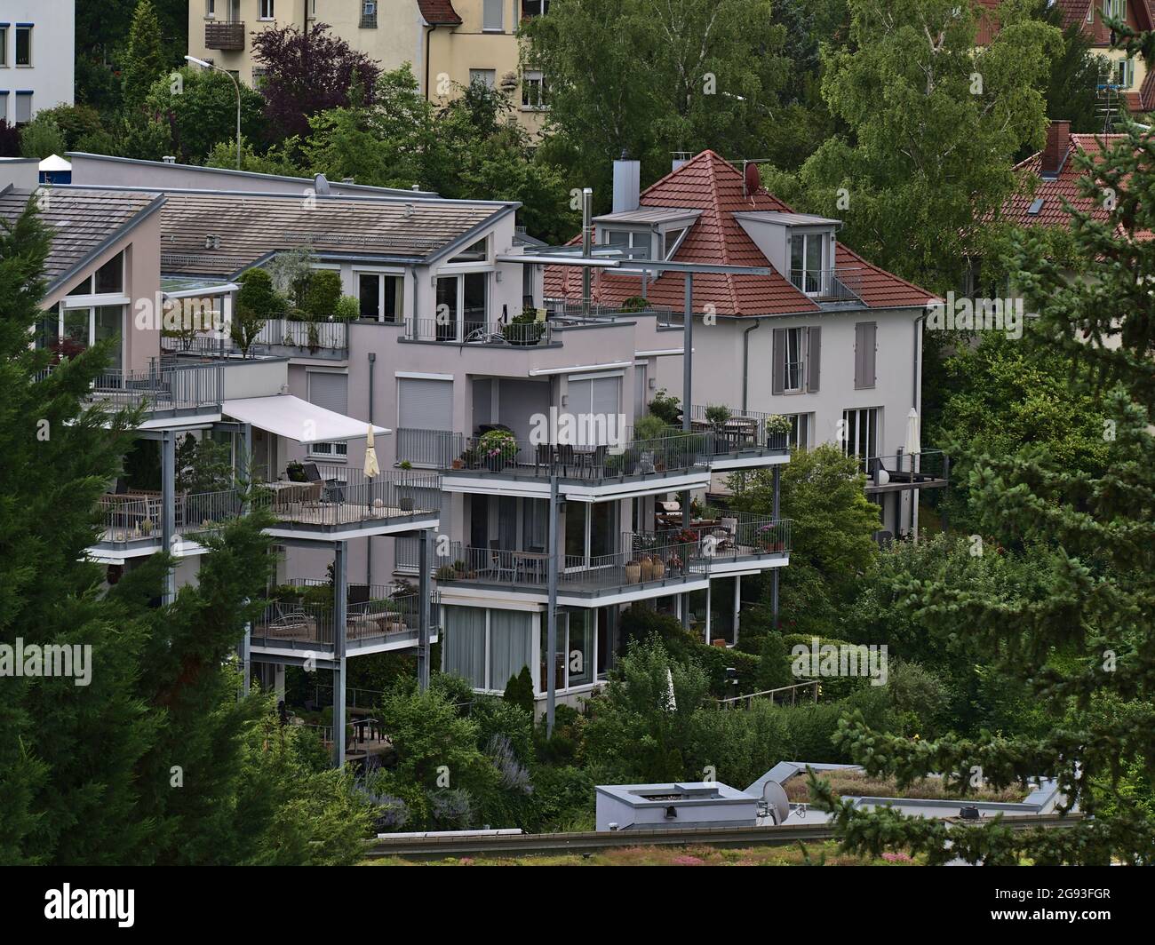 View of modern multi-family house located on a hill in town Esslingen am Neckar, Baden-Württemberg, Germany in an attractive residential district. Stock Photo