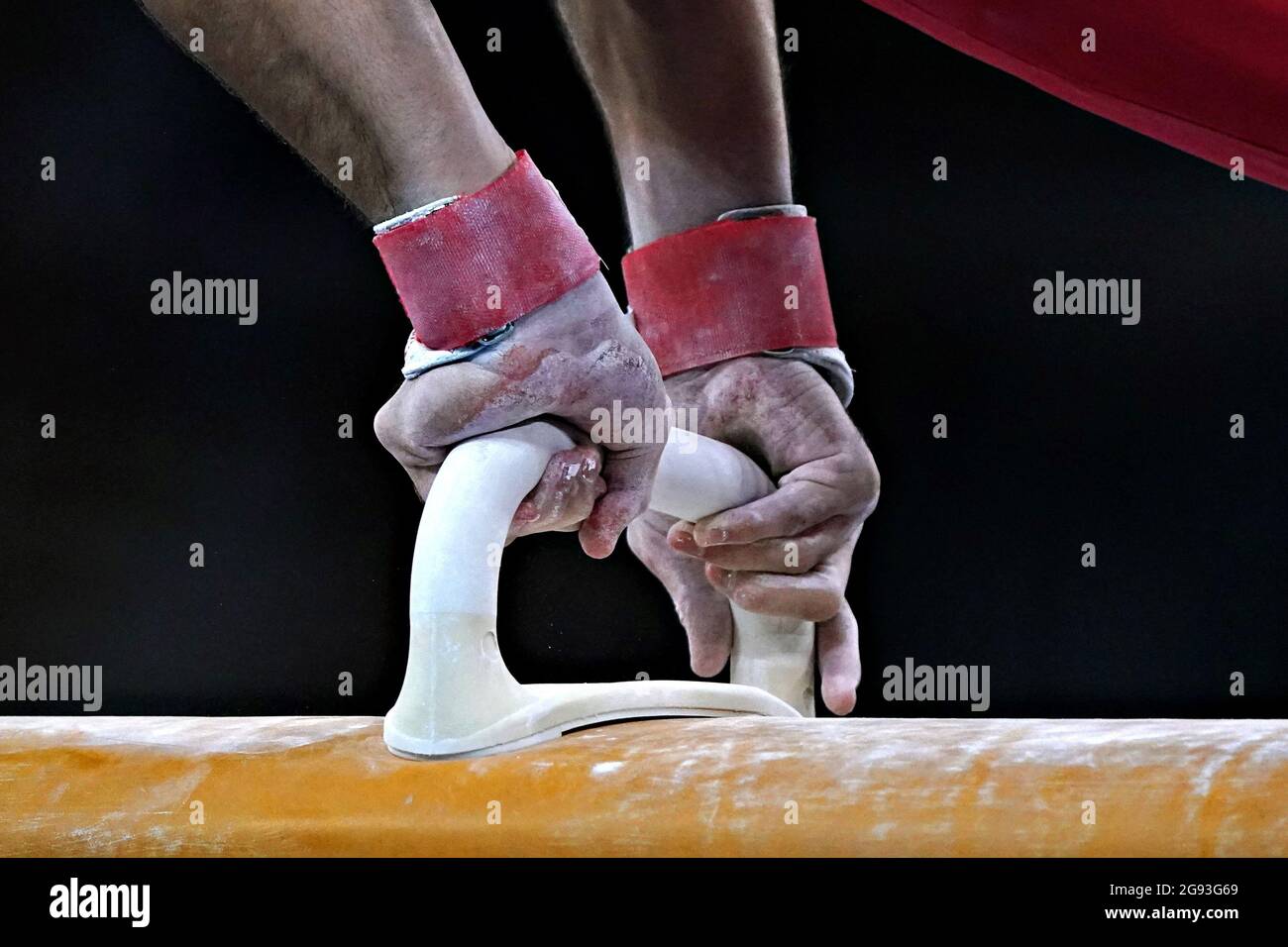 Tokyo, Japan. 24th July, 2021. Detail of the hands of Armenia's Artur Davtyan, during his routine on the pummel horse during Men's Gymnastics preliminary competition at Ariake Gymnastics Centre during the Tokyo Olympic Games in Tokyo, Japan, on Saturday, July 24, 2021. Photo by Richard Ellis/UPI. Credit: UPI/Alamy Live News Stock Photo