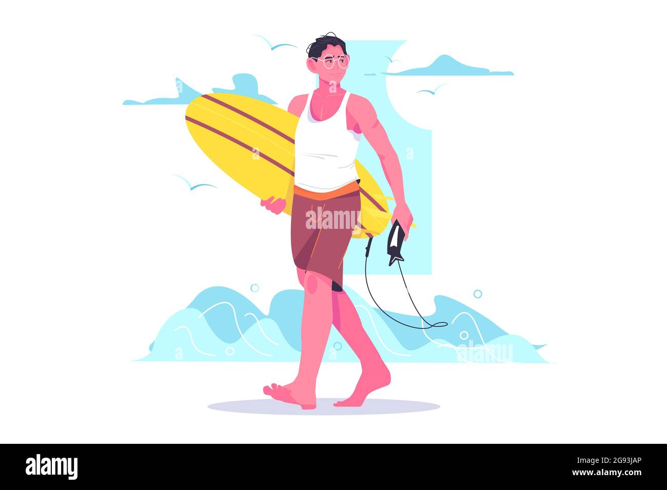Surfer with surfboard go into water Stock Vector
