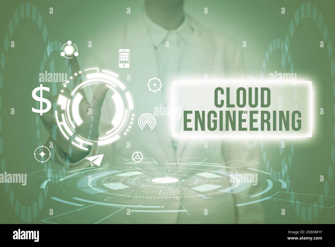 Text caption presenting Cloud Engineering. Business concept application of engineering disciplines to cloud computing Lady In Uniform Holding Tablet Stock Photo