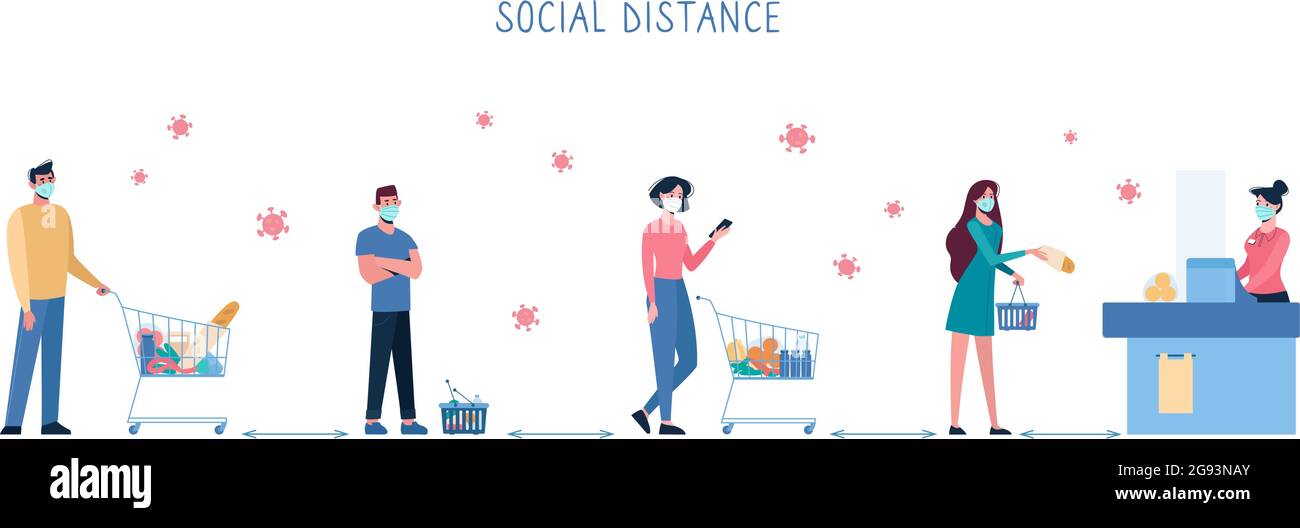 Several people standing in line to shop in supermarket and keep social distance, so as not to spread virus COVID19. Men and women stand in front of cash register, with carts. Vector flat Illustration Stock Vector