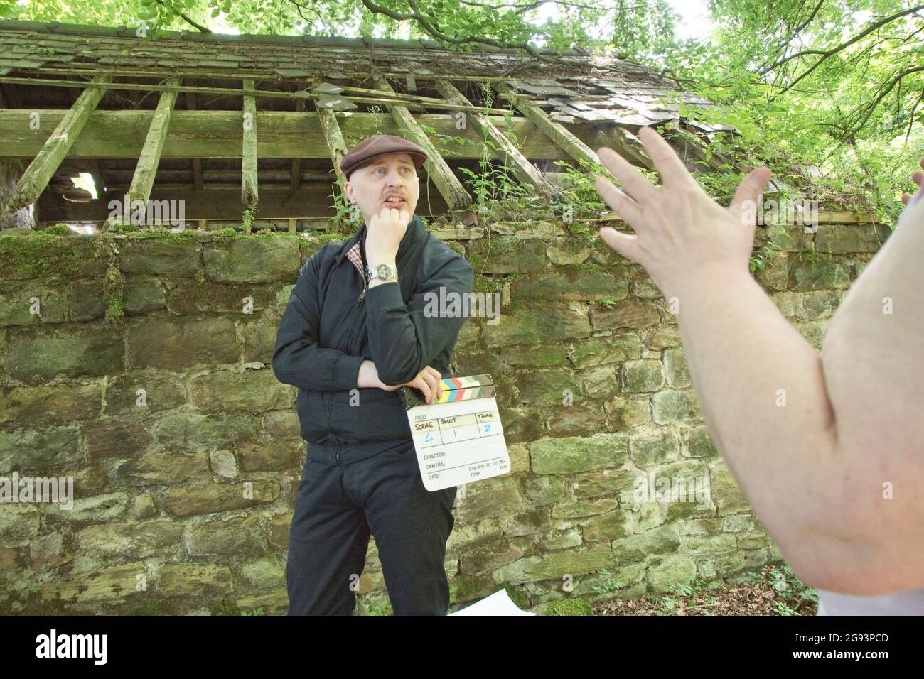 Sheffield, UK - 17 July 2017 : David Cracker & Barbara Bentley in creative discussion on location filming Meltdown by Wellred Films at Eccleshall Wood Stock Photo
