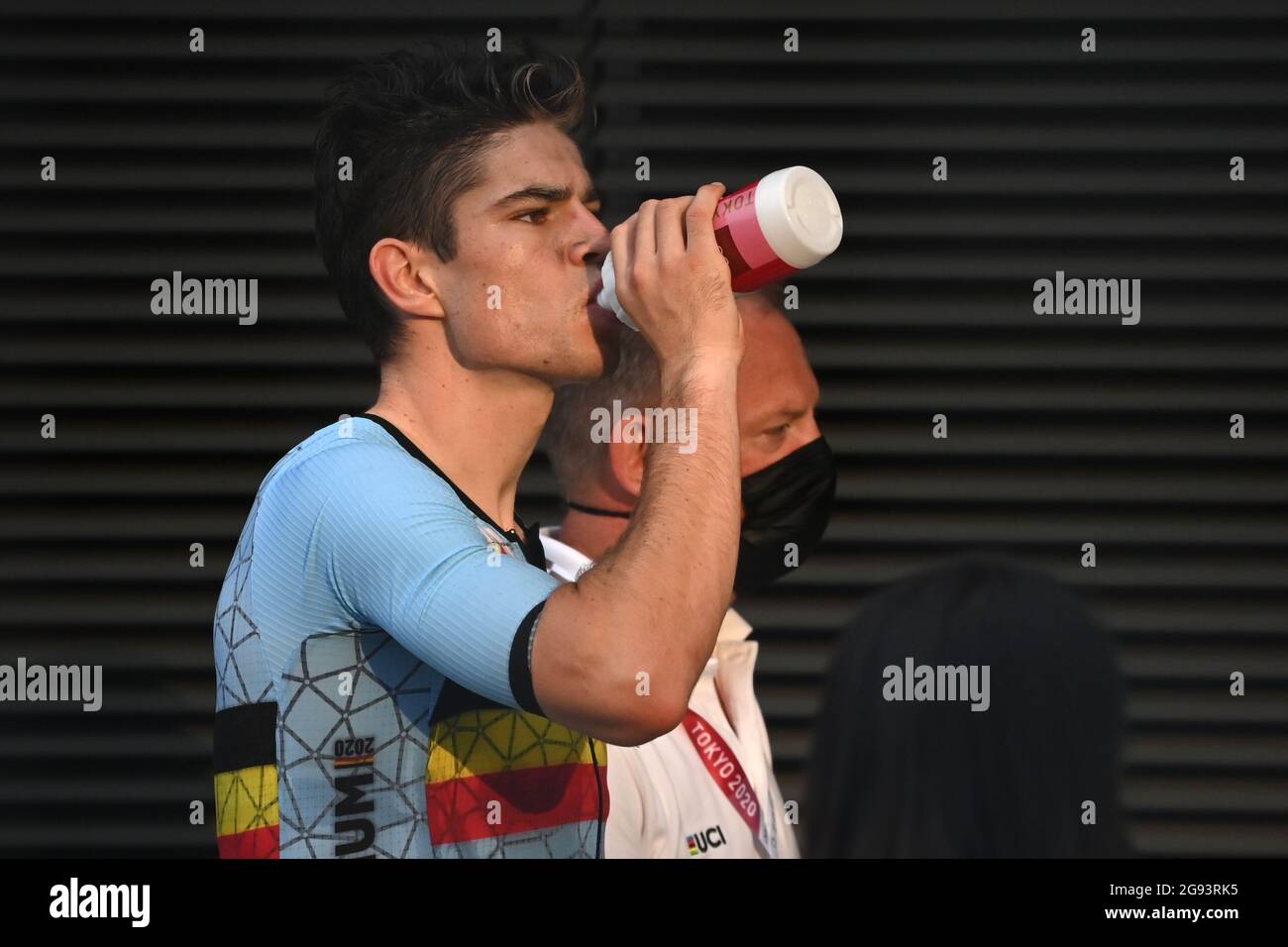 Oyama, Japan. 24th July, 2021. Cycling: Olympics, Tokyo - Oyama (234.00km), men, road race. Wout van Aert from Belgium drinks. Credit: Sebastian Gollnow/dpa/Alamy Live News Stock Photo