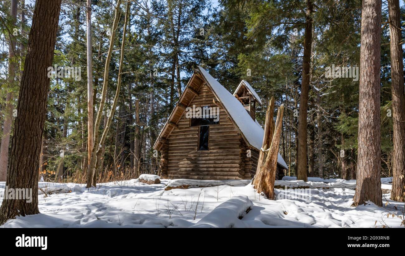 Winter blanket of snow covers the ground around the Chapel at Hartwick