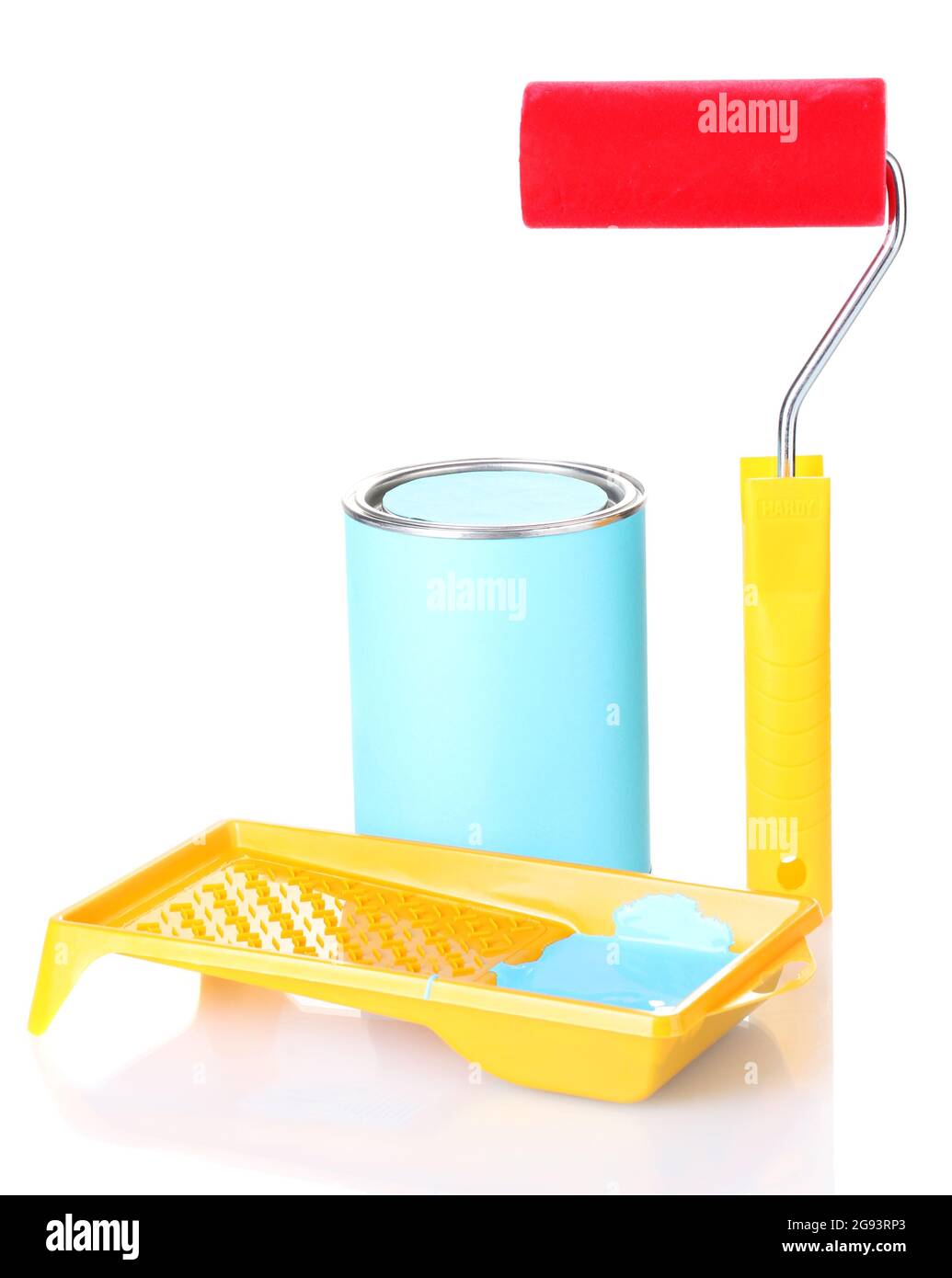 Can of paint with paint roller and tray with blue paint isolated on