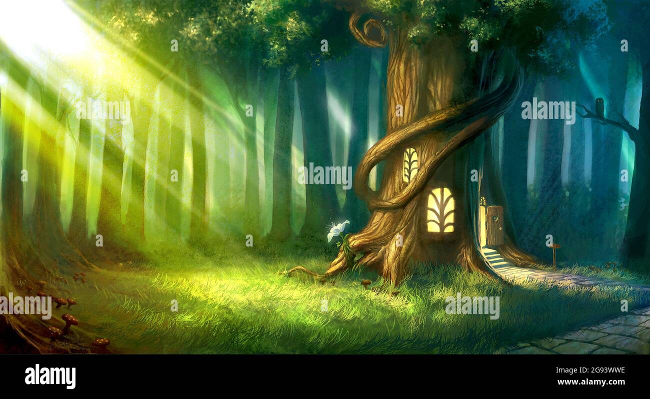 Magical Fantasy Fairy Tale Scenery Of Tree House At Night In A Forest With Sunlight Shining Through And Beautiful Flowers And Mushroom Grows Around Stock Photo Alamy