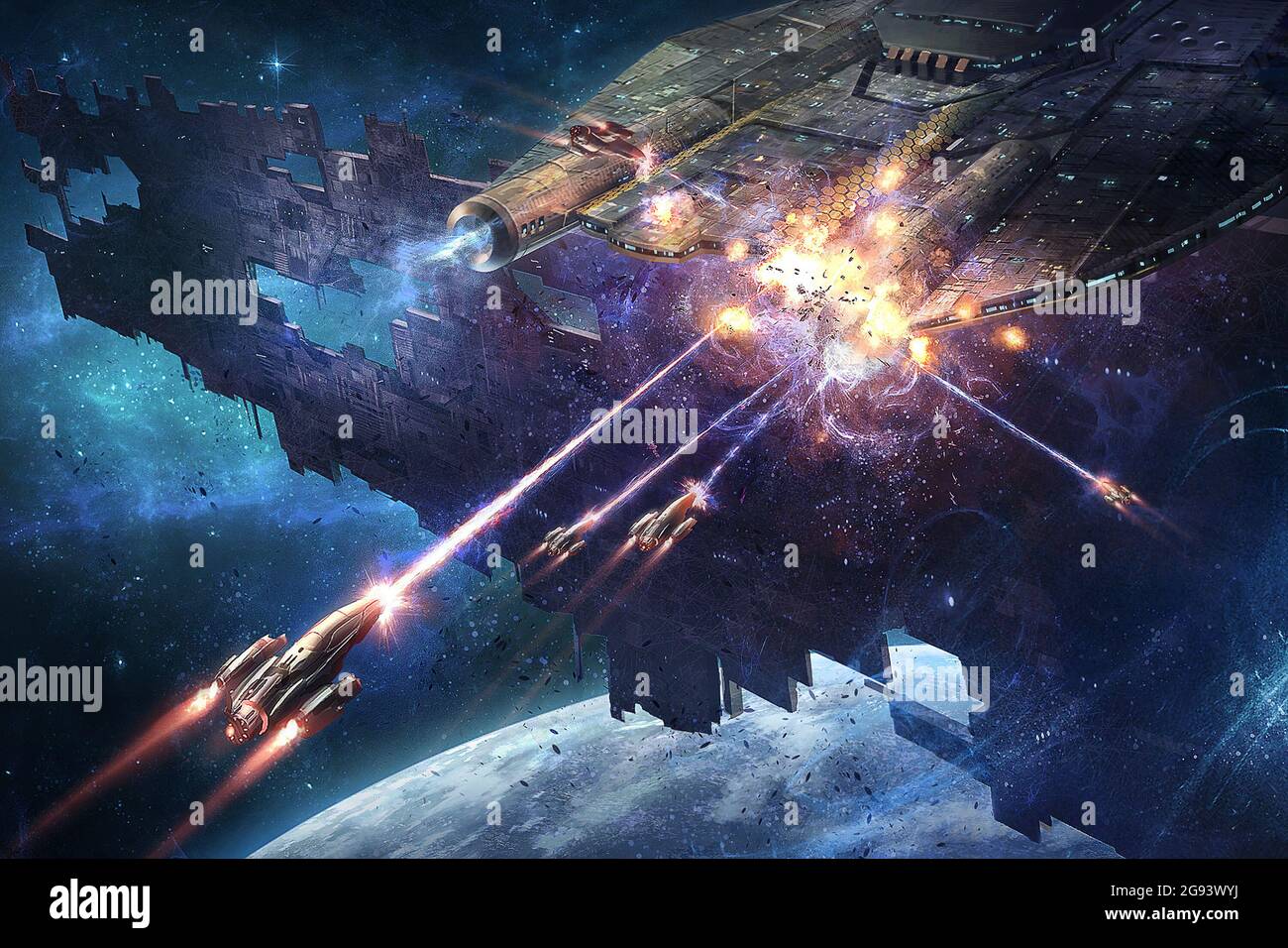 digital illustration of spacecrafts fight mother ship carrier in space universe Stock Photo