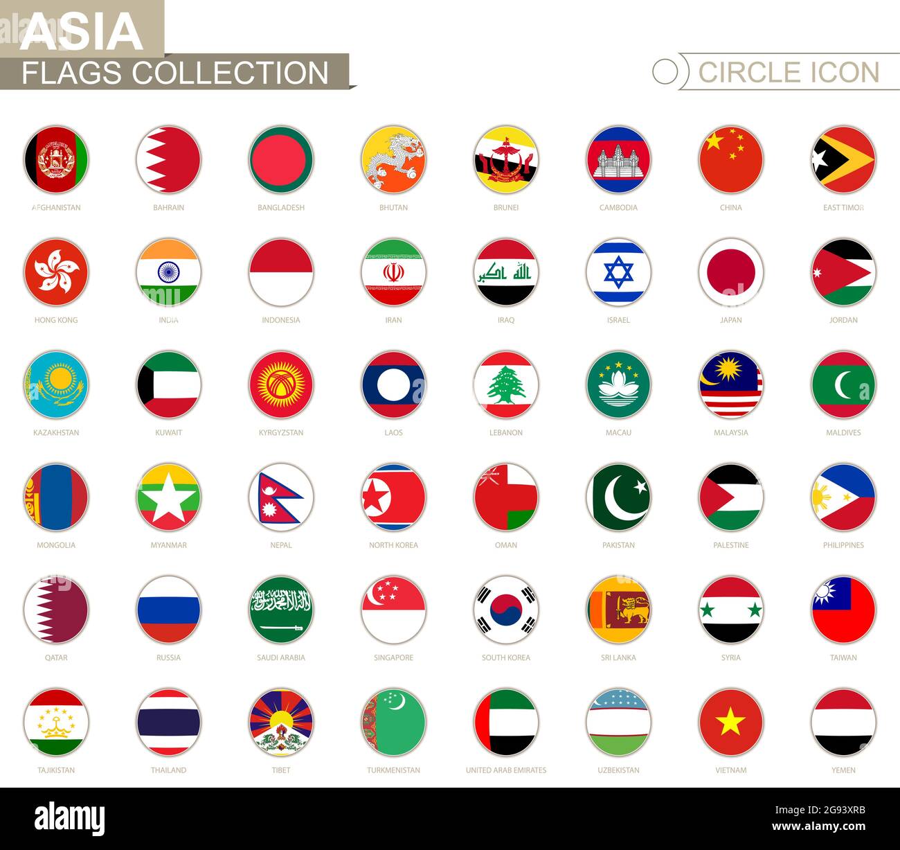 Alphabetically sorted circle flags of Asia. Set of round flags. Vector