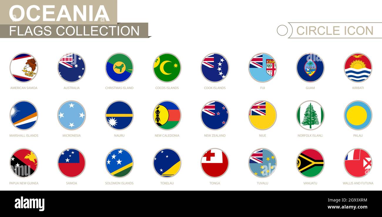 Alphabetically sorted circle flags of Oceania. Set of round flags. Vector Illustration Stock