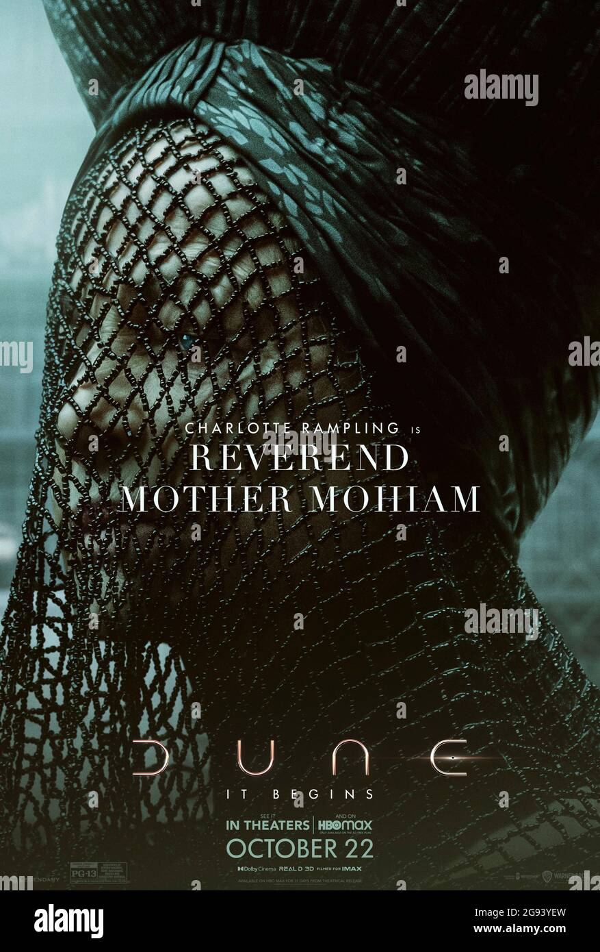 Dune (2021) directed by Denis Villeneuve and starring Charlotte Rampling as Gaius Helen Mohiam. Big screen adaptation of Frank Herbert's sci-fi masterpiece about the coming of a prophesied Messiah who will lead the Fremen and take control of Arrakis and the spice that enables long distance travel through space. Stock Photo