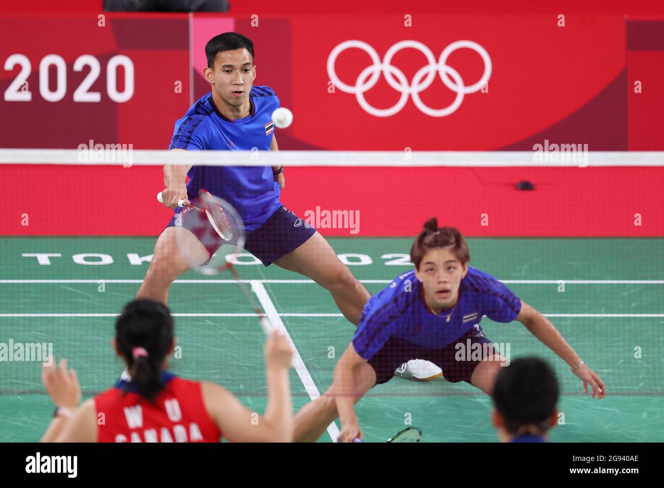 Tokyo, Japan. 24th July, 2021. (L-R) PUAVARANUKROH Dechapol, TAERATTANACHAI  Sapsiree (THA) Badminton: Mixed Doubles Group Play Stage - Group B during  the Tokyo 2020 Olympic Games at the Musashino Forest Sport Plaza