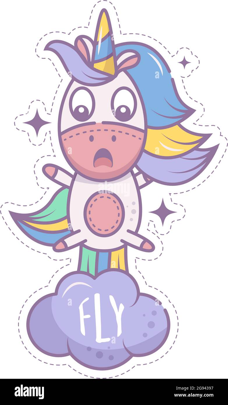 A Cute Surprised Unicorn Farts The Rainbow And Soars Into The Sky Isolated Object On A White Background Icon In The Style Of A Cartoon Sticker For Stock Vector Image Art