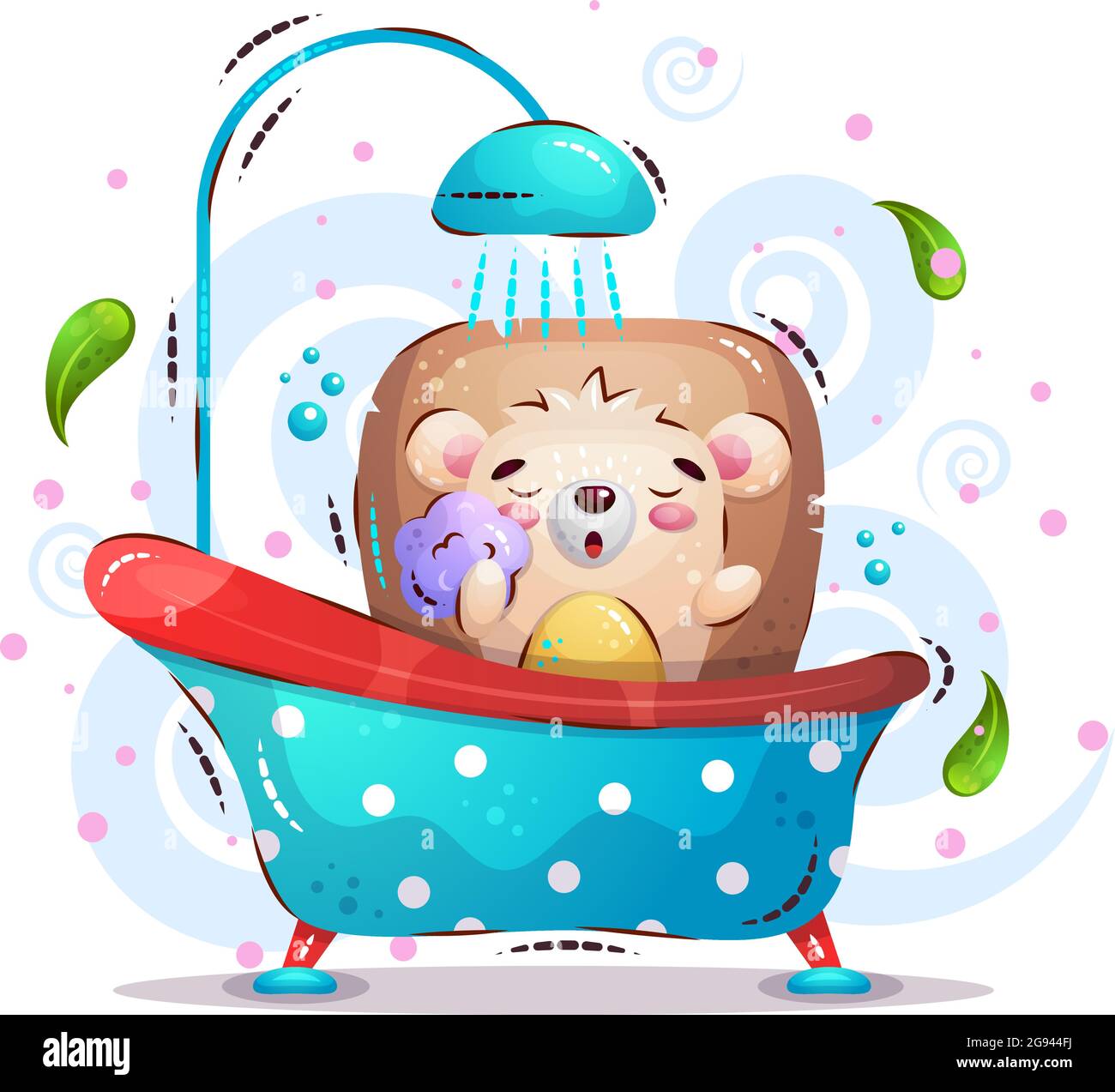 A cute hedgehog bathes in the bathroom and sings in the shower. Cartoon-style vector illustration Stock Vector