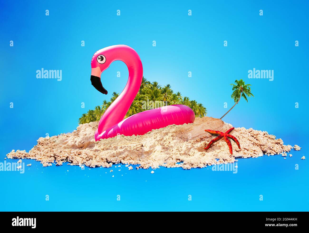 Beach fun illustration of flamingo and sand island Stock Photo