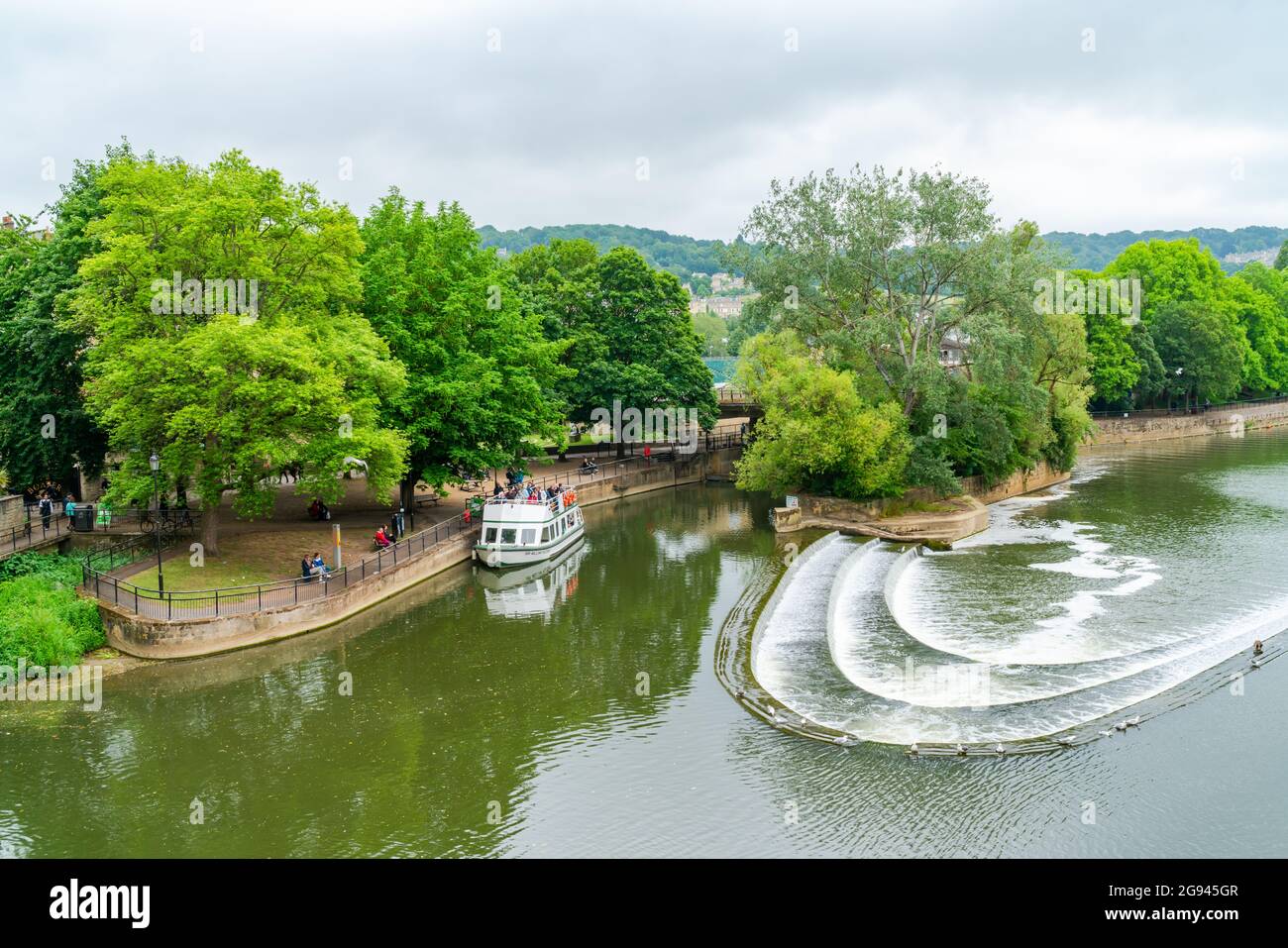 BATH, UK JUNE 27, 2021 View of weir and the River Avon in Bath, the