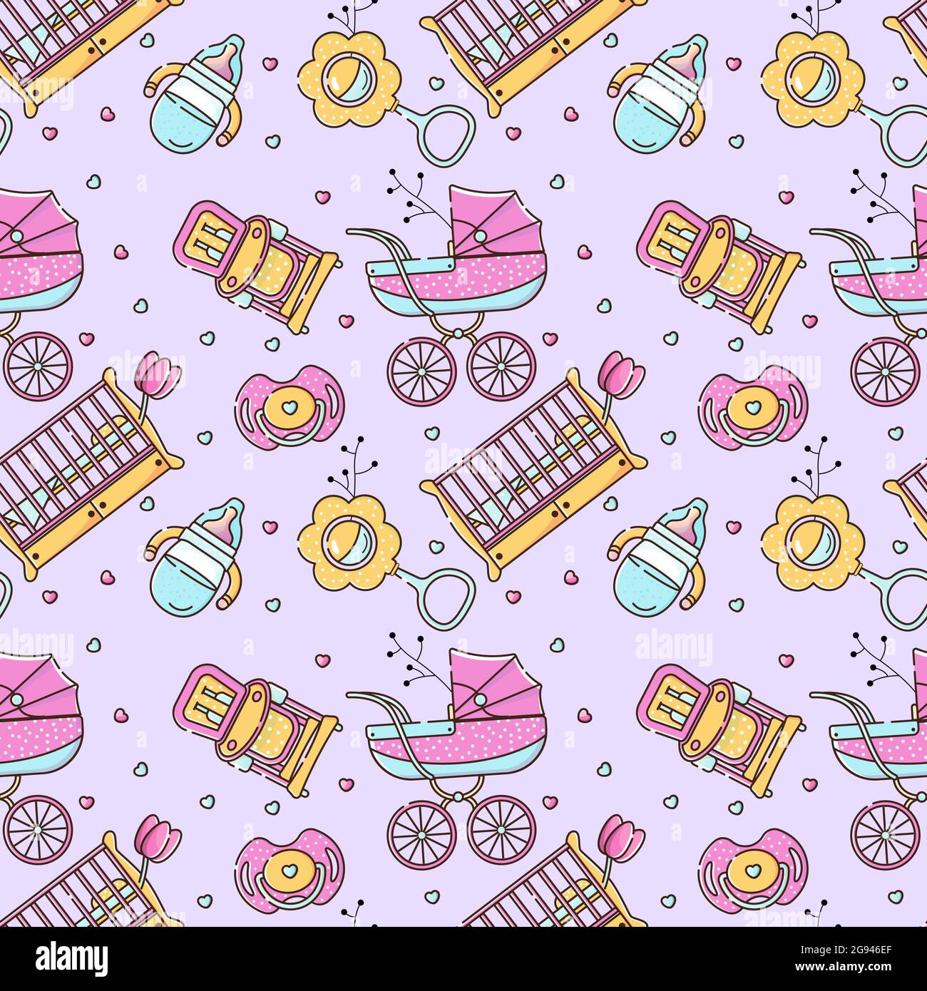 Vector seamless color pattern with baby accessories for newborn