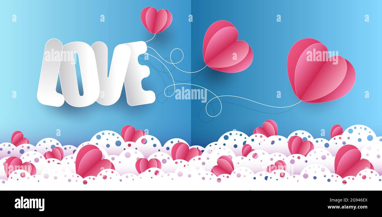 Valentine's Day. Vector pastel blue background with red 3D paper cut ...