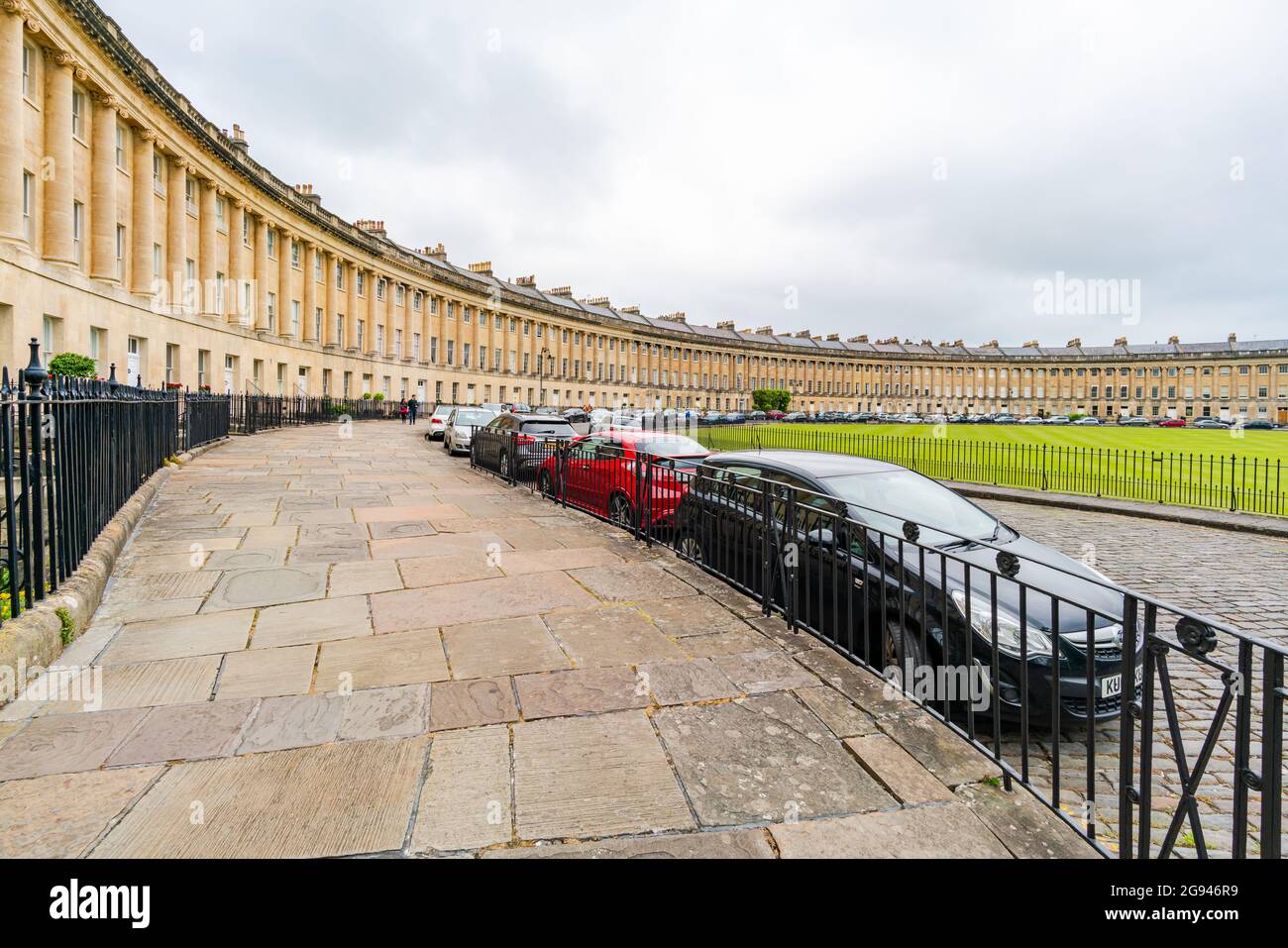 BATH, UK - JUNE 27, 2021: View of Royal Crescent in Bath, overlooking Royal Victoria Park Stock Photo