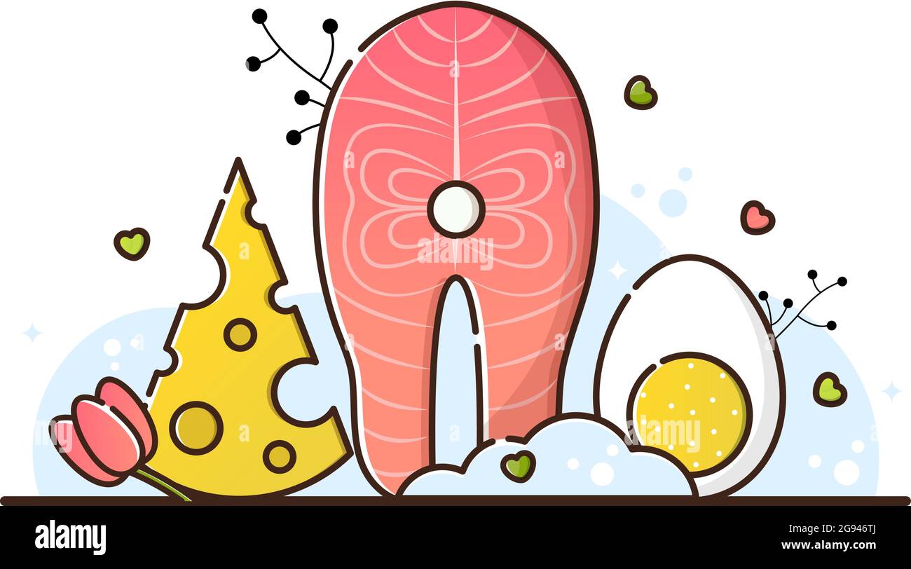 Vector illustration of keto diet on a white background. Cheese, salmon steak and egg. Useful products for weight loss, cooking. The menu for the resta Stock Vector