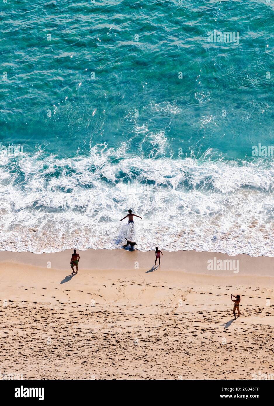 Nazare, Estremadura Province, Portugal.  The beach seen from Sitio, one of the three neighbourhoods of the town.  Sitio overlooks the main town from a Stock Photo