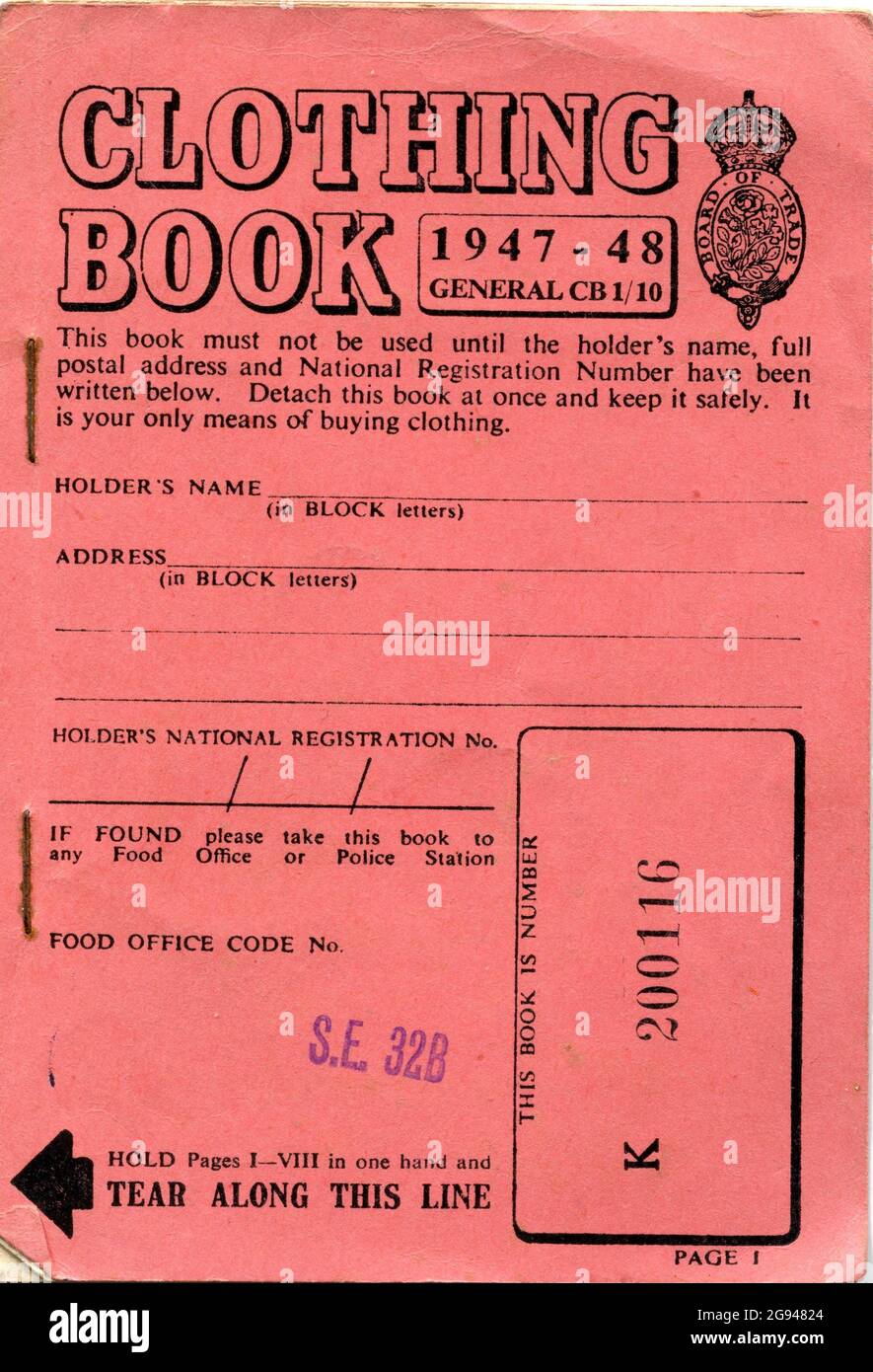 A British clothing ration coupon book. Introduced in 1941 during the Second World War, clothes rationing ended in 1949. Stock Photo