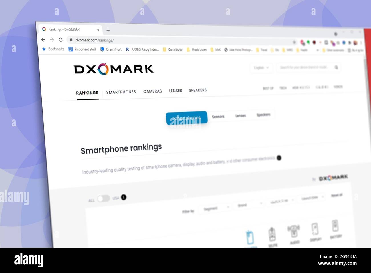 Istanbul, Turkey - July 2021: Illustrative Editorial of DXOMARK optics website homepage. DXOMARK logo visible on a digital screen close-up Stock Photo