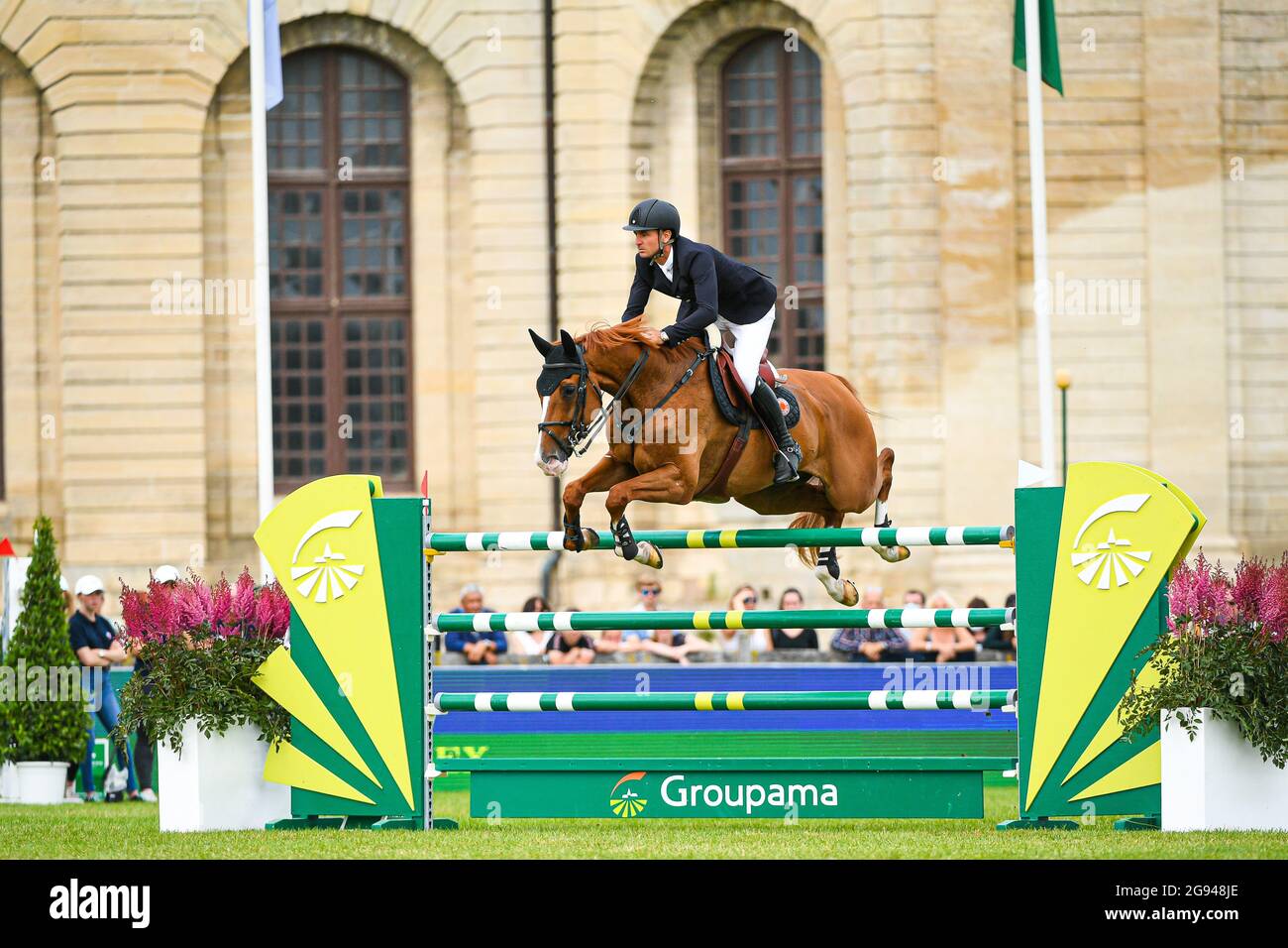Steve Guerdat of Switzerland riding Victorio des Frotards during the Rolex Grand Prix Table A against the clock 1m60 with jump off, of the Masters Chantilly 2021, FEI equestrian event, Jumping CSI5 on July 11, 2021 at Chateau de Chantilly in Chantilly, France - Photo Victor Joly / DPPI Stock Photo