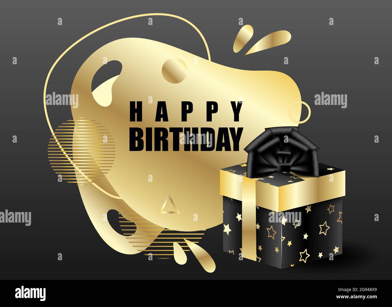 Illustration of golden and black packaging boxe with bows and serpentine. Vector background for new year and christmas. Invitation to the Birthday Stock Vector