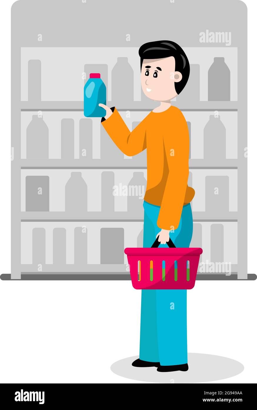 Large supermarket store. Shopping for food and clothing. Vector flat character on white background. Male buyer chooses goods Stock Vector