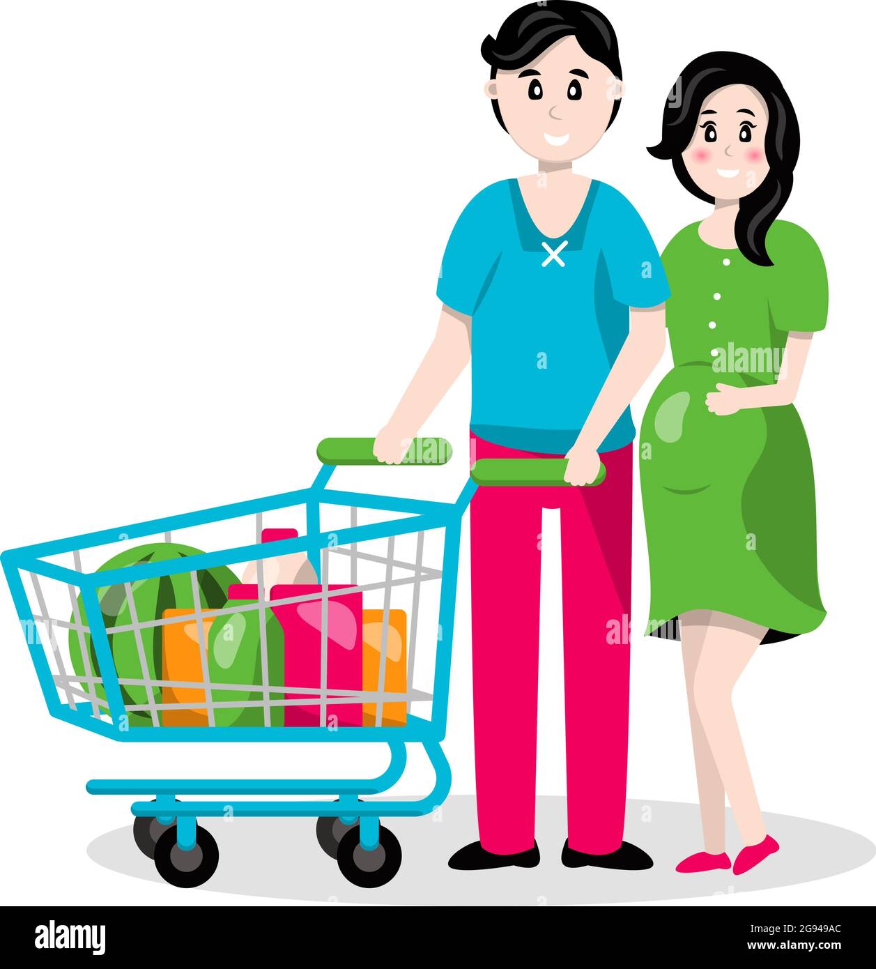 Large supermarket store. Shopping for food and clothing. Vector flat character on white background. A young family, a man and a pregnant woman are car Stock Vector