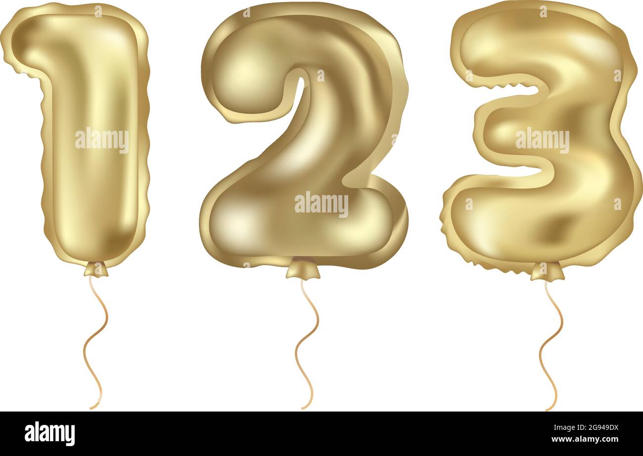Golden vector realistic balloon. Numeral one, two and tree isolated object on a white background. Birthday celebration, anniversary invitation. Stock Vector