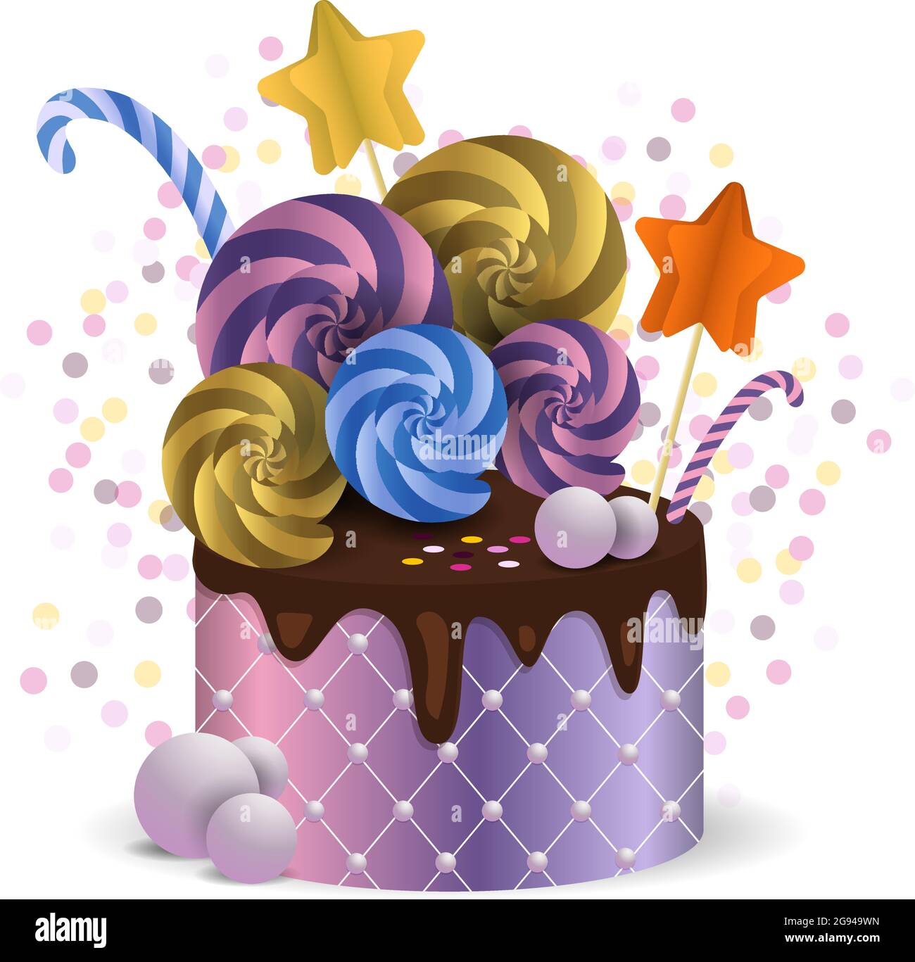 Beautiful cake with chocolate and candies and confetti. Vector isolated object on a white background. Stock Vector
