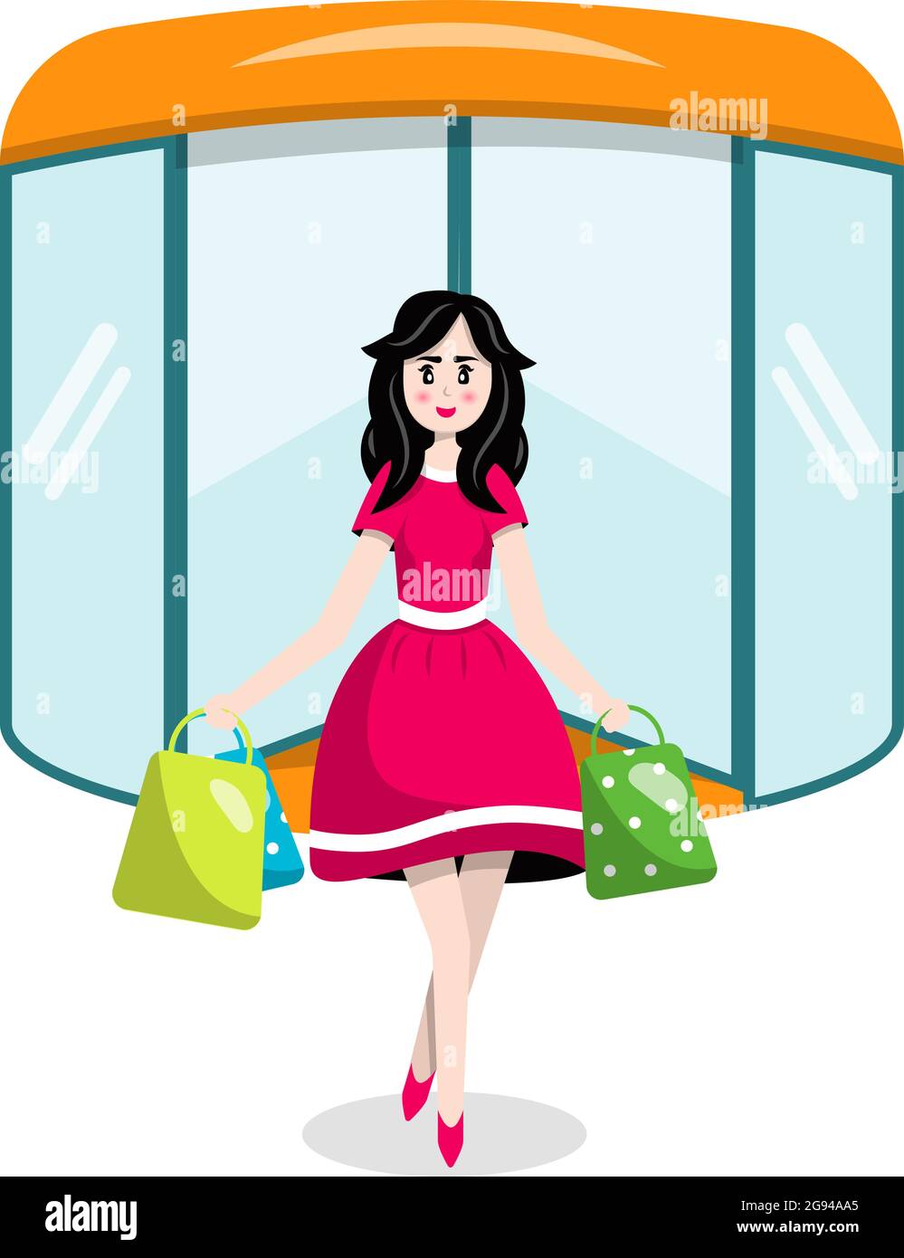 Large supermarket store. Shopping for food and clothing. Vector flat character on white background. Beautiful girl comes out of the store with shoppin Stock Vector