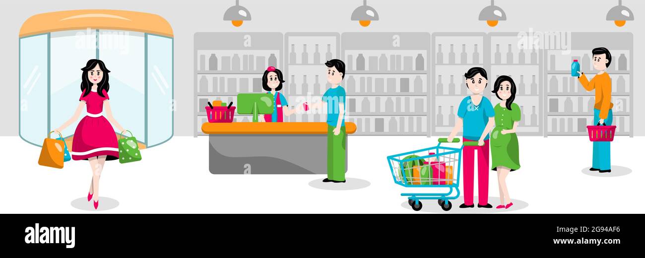 Large supermarket store. Shopping for food and clothing. Set of vector flat characters on a white background. People choose and buy goods Stock Vector