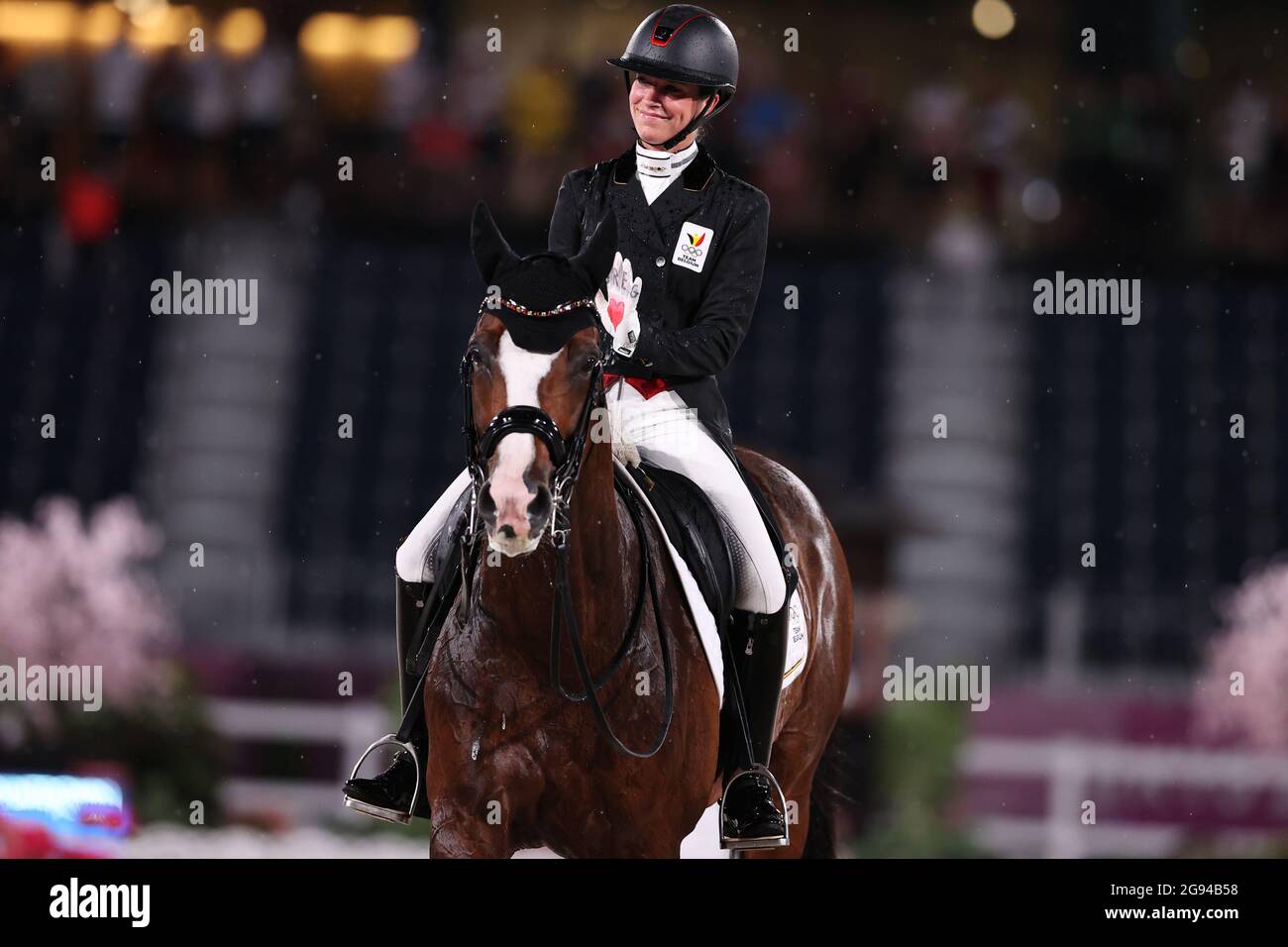 Belgian Equestrian dressage rider Larissa Pauluis and her horse Flambeau pictured in action during day one of the equestrian dressage event. Stock Photo