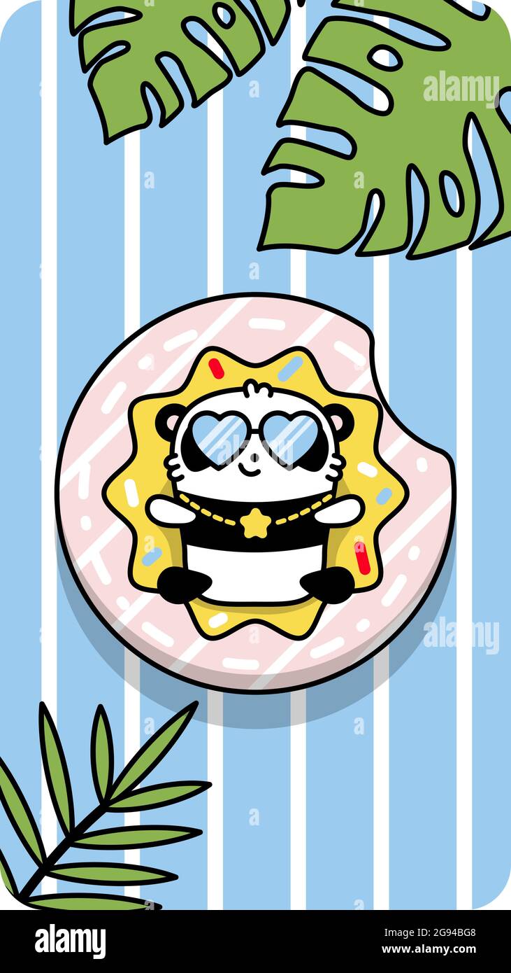 Phone Wallpapers, stories for Instragrams. Little cute panda on summer vacation in the inflatable circle donut and glasses. Striped background. Kawaii Stock Vector