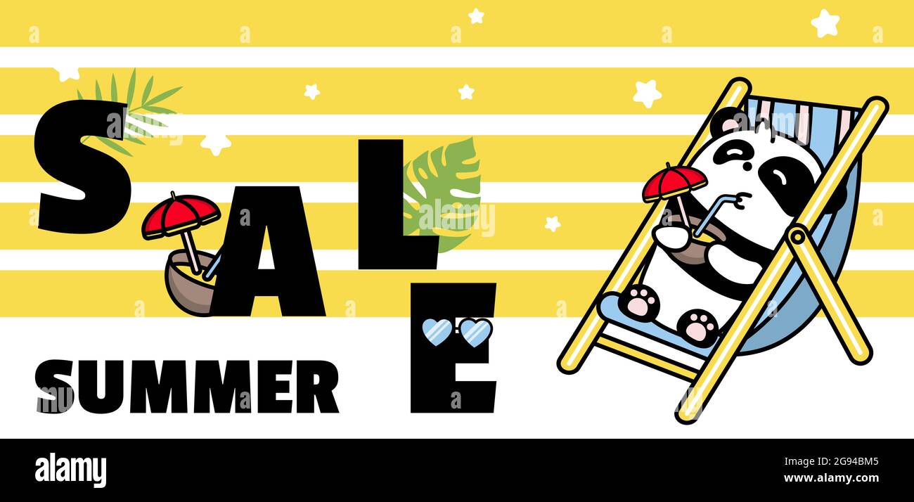 Kawaii Panda is an animal on a summer vacation drinking a coconut cocktail in a hammock. Vector banner and background with stripes. Stock Vector
