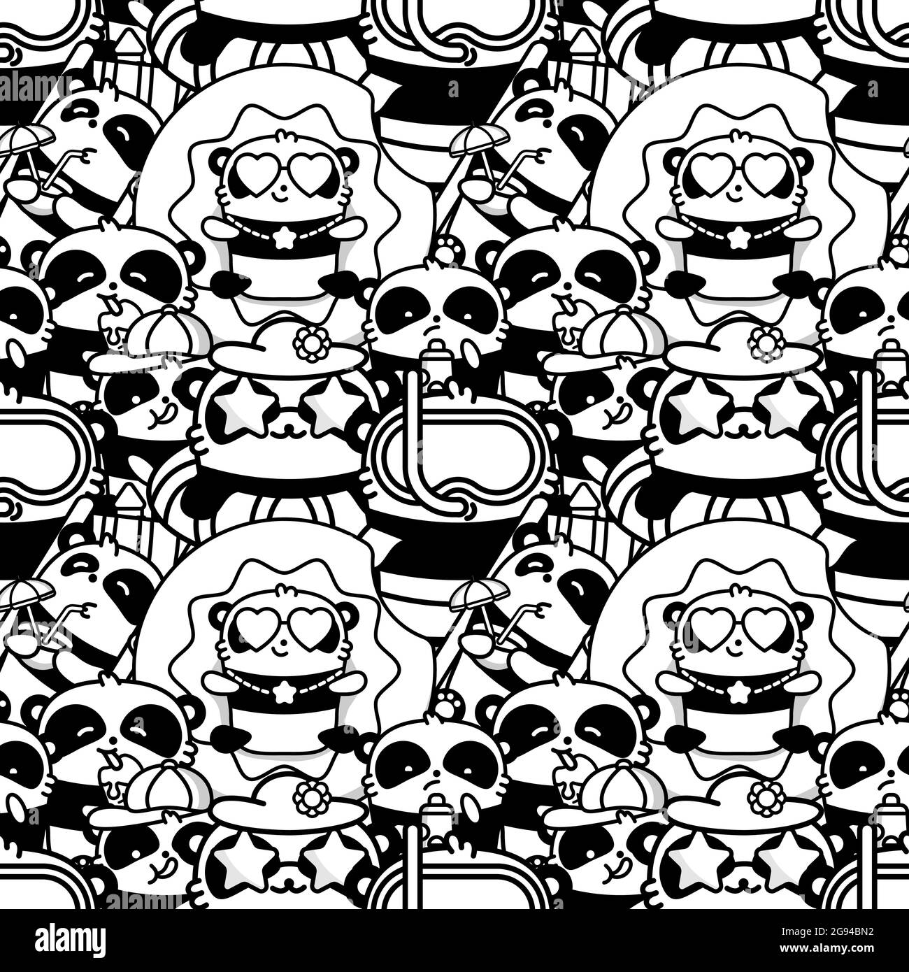 A lot of Cute Kandawa panda bears on a sea summer holiday. Vector flat monochrome seamless pattern in linear style. Stock Vector