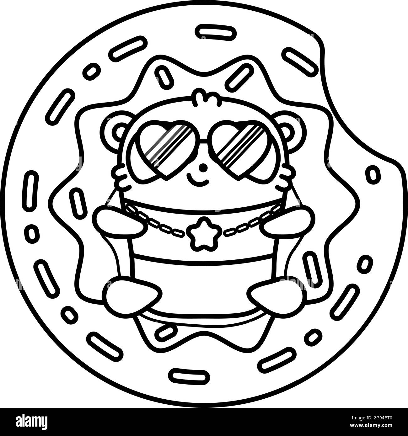 Little cute panda lies on the inflatable circle donut in the pool, Vector outline illustration in linear style on white background. Kawai bear. Colori Stock Vector