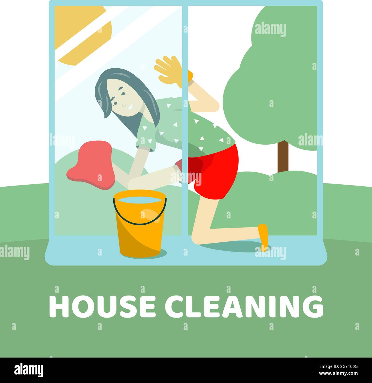 House cleaning. The girl washes the window. Vector flat cartoon style