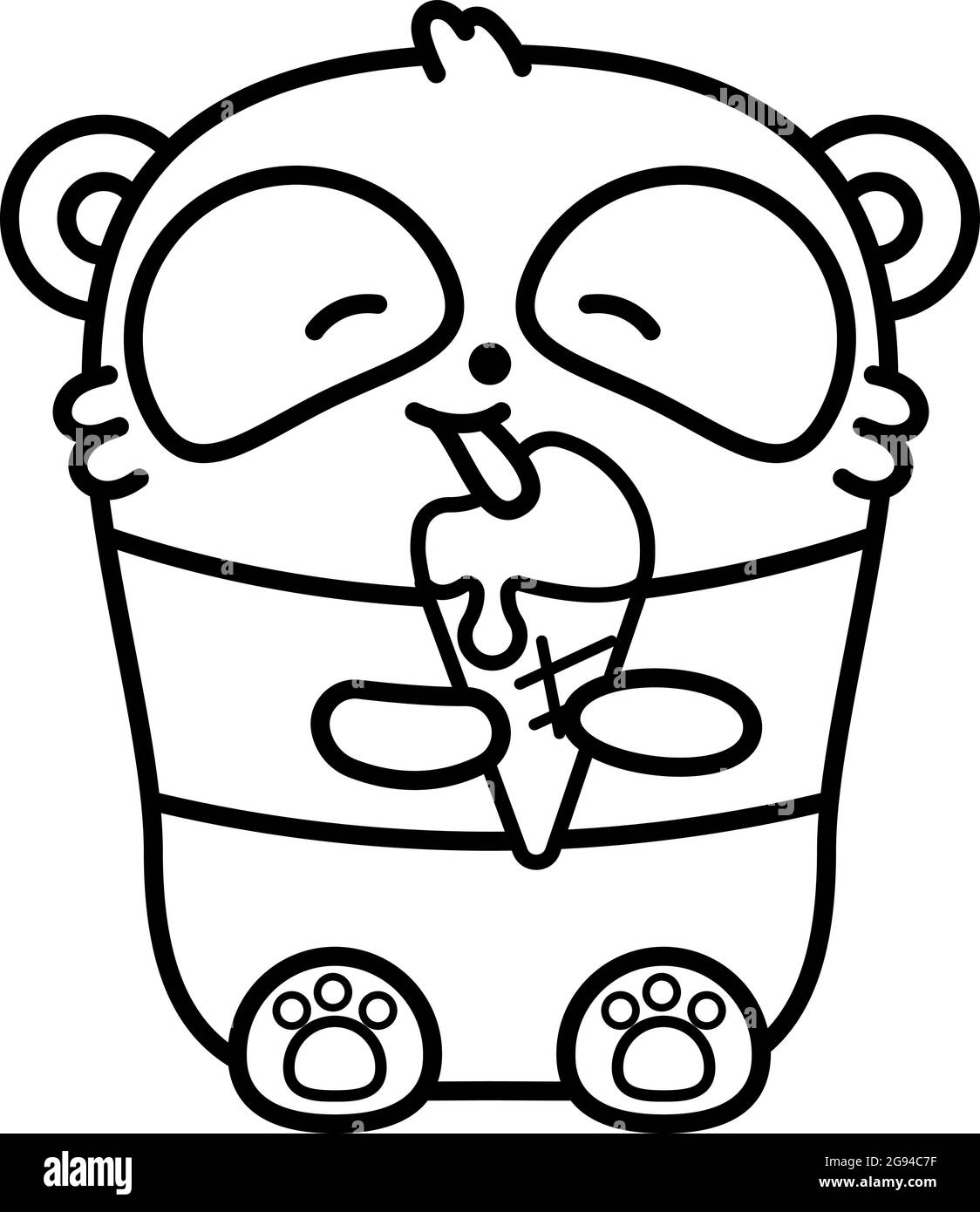 Little cute panda eats ice cream. Vector outline illustration in linear style on white background. Kawai bear. Coloring book page. Stock Vector