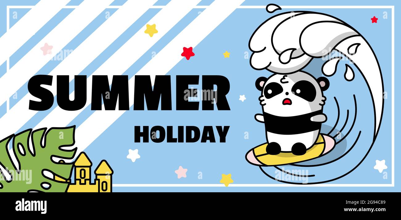 Kawaii Panda is an animal on summer holiday surfing the sea. Vector banner and background with stripes. Stock Vector