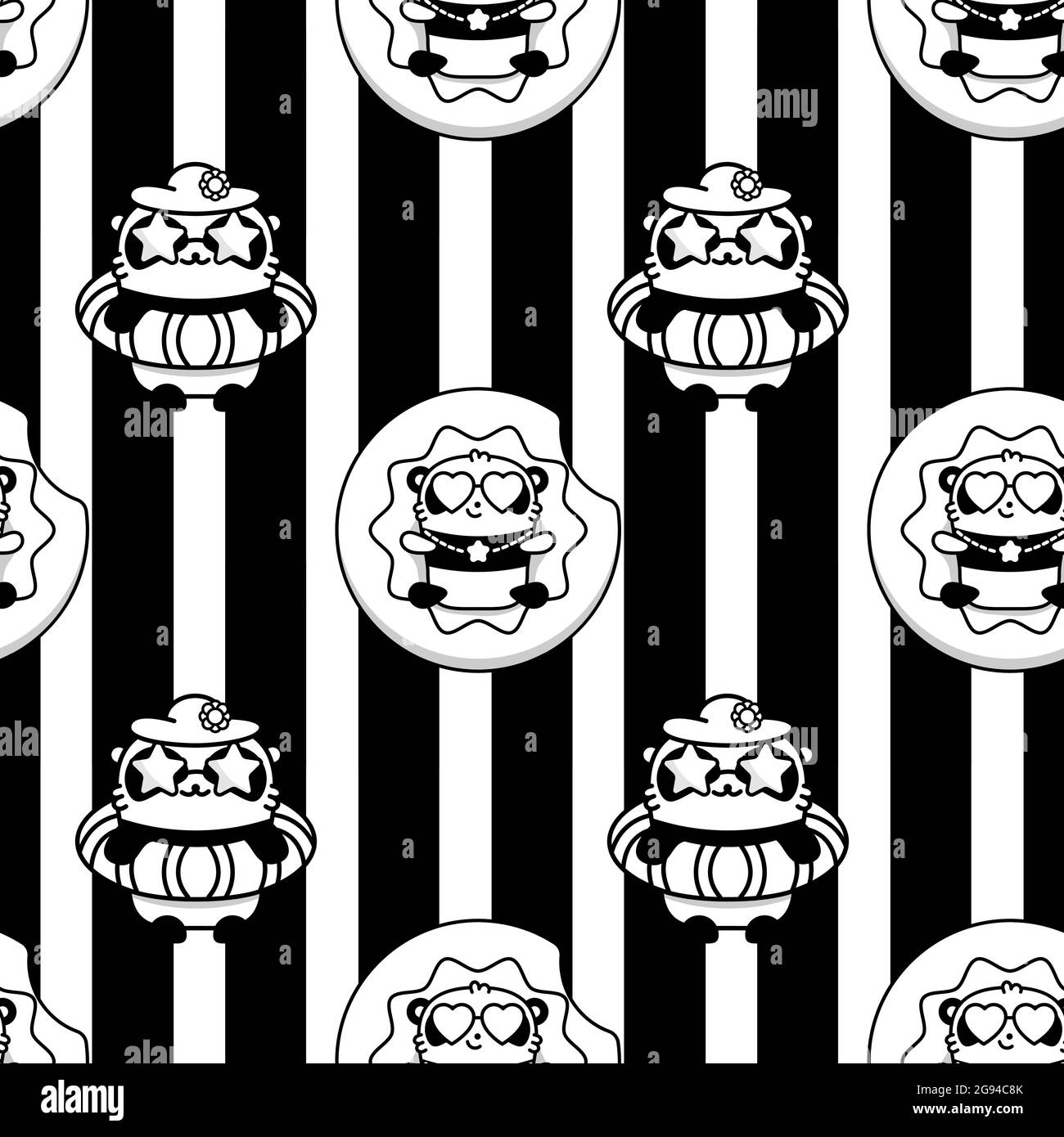 Cute panda kawaii bear on sea summer holiday. Vector flat monochrome seamless pattern in linear style Stock Vector