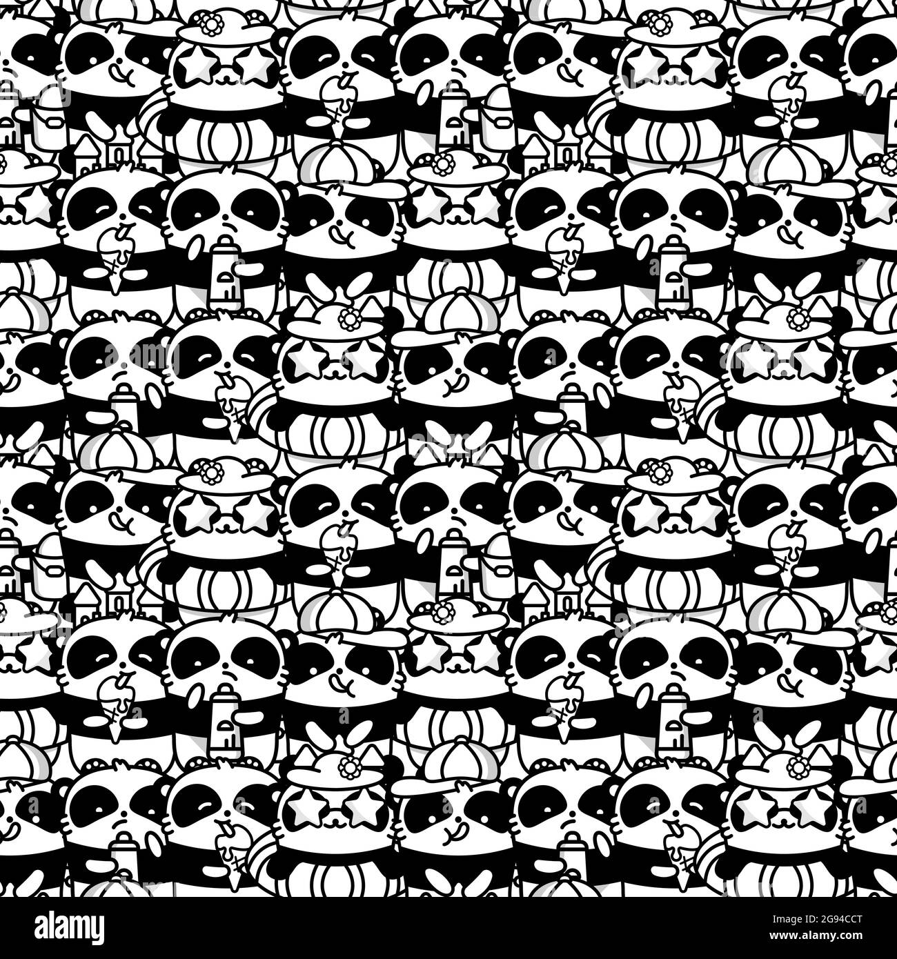 A lot of Cute Kandawa panda bears on a sea summer holiday. Vector flat monochrome seamless pattern in linear style Stock Vector