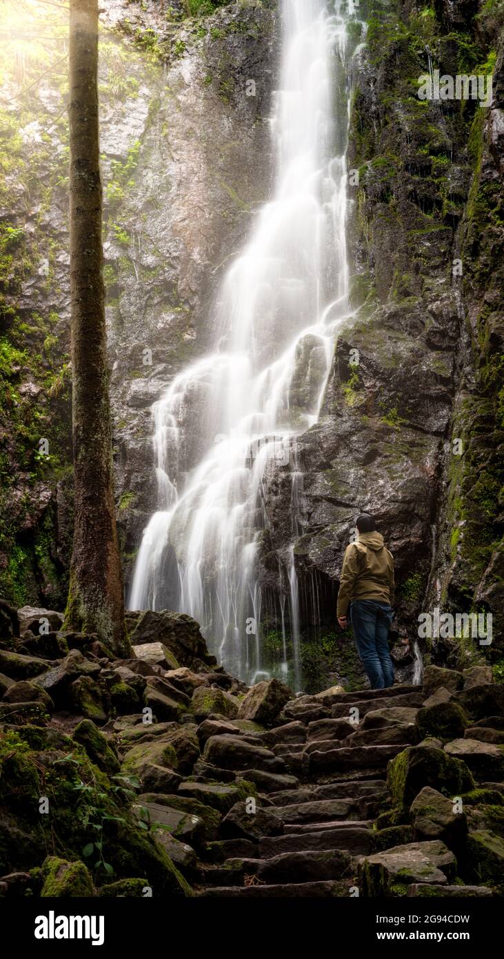 Vertical shot of The Burgbach Waterfall in the Black Forest in Bad Rippoldsau-Schapbach, Germany Stock Photo