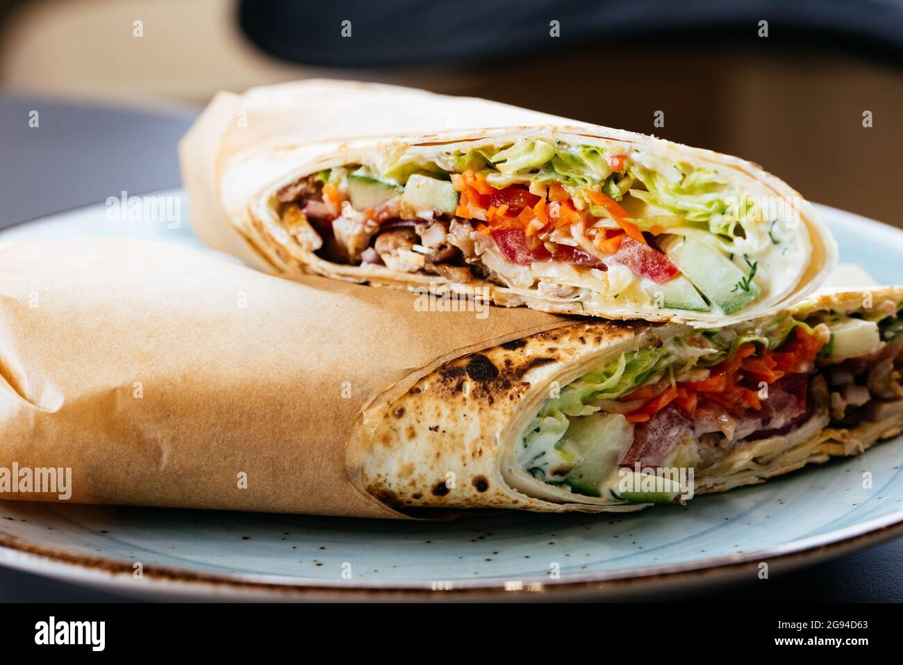 traditional Turkish shawarma in lavash with chicken and lamb Stock Photo